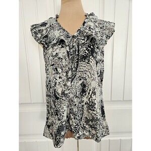 Banana Republic 100% Silk Floral Blouse Sleeveless Ruffles Mint Accents Size S
